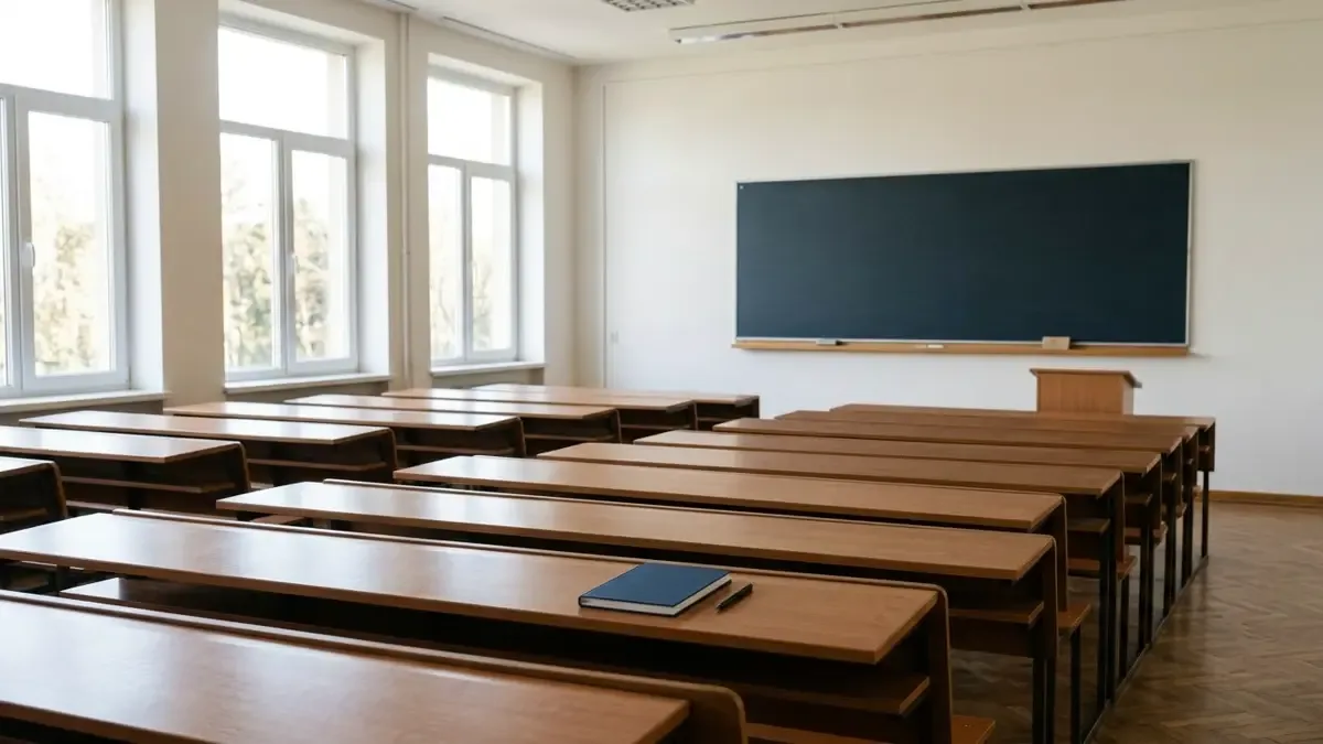 Aula universitaria genérica con bancos vacíos y luz natural.