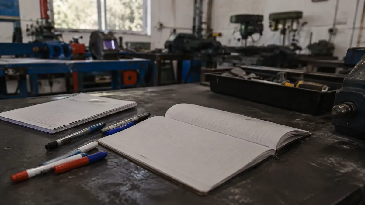 Cuadernos abiertos sin texto junto a marcadores en un taller de formación técnica, plano medio documental, perspectiva