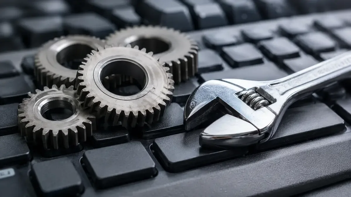 Llave inglesa y engranajes metálicos apoyados sobre un teclado