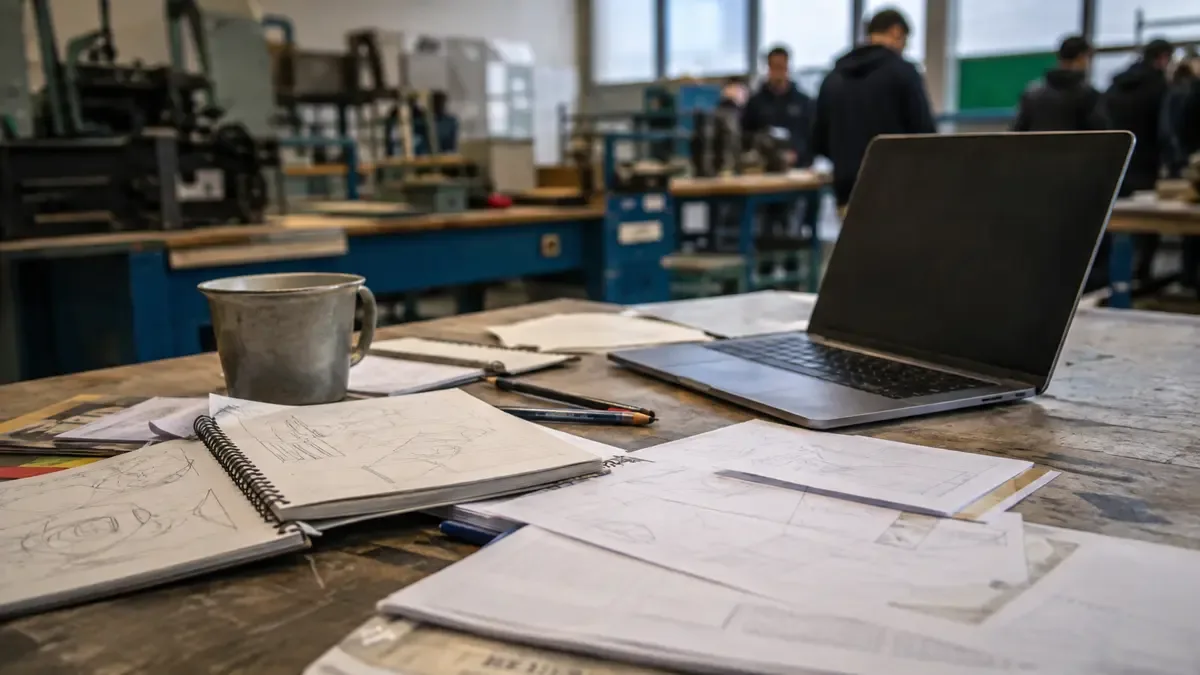 Apuntes, lápices y una taza junto a una notebook en un taller de formación técnica, plano medio documental, perspectiva