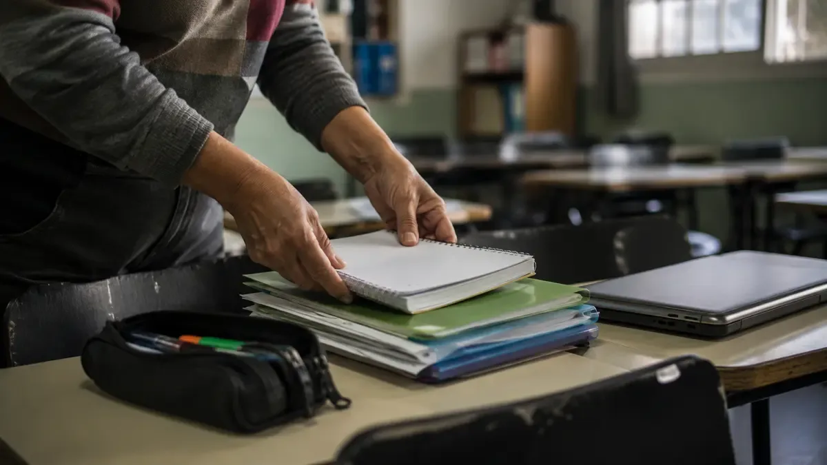 Manos adultas organizando apuntes y una notebook en un aula para estudiantes adultos, plano medio documental, perspectiva