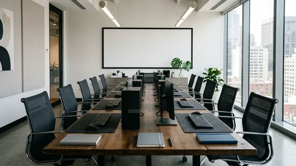 Aula de formación técnica con computadoras y pizarrón limpio