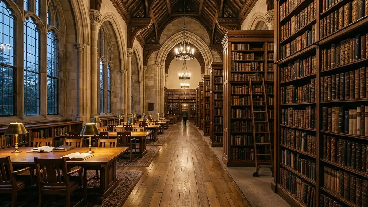 Biblioteca universitaria con estanterías de libros y mesas de lectura vacías
