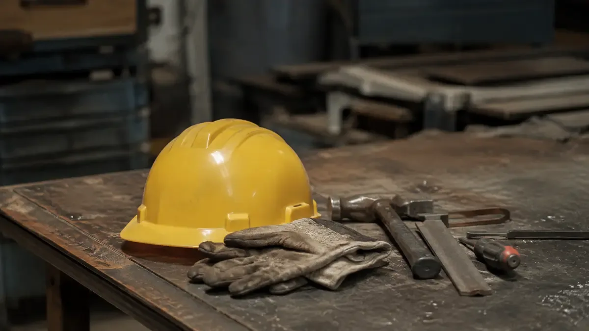 Casco, guantes y herramientas de trabajo sin marcas en una mesa compartida de trabajo, plano medio documental, perspectiva
