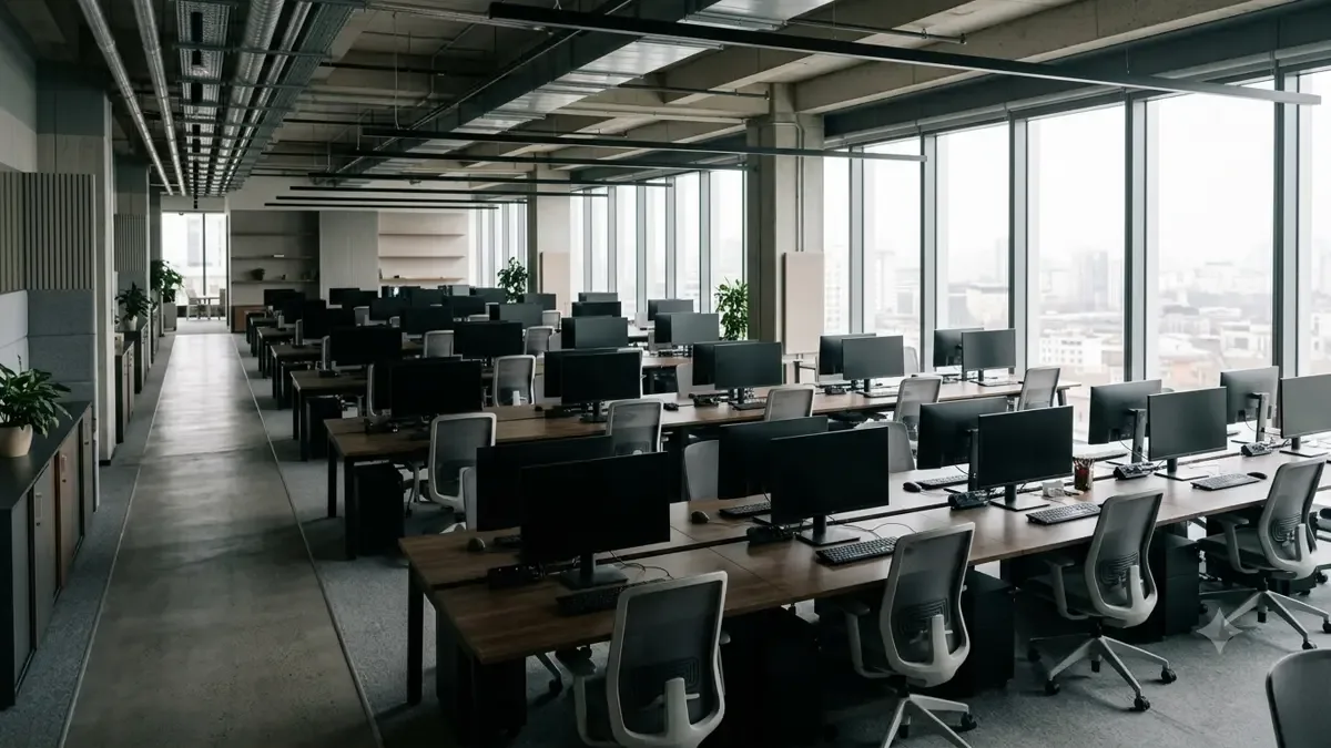 Oficina de planta abierta con escritorios alineados y sillas vacías