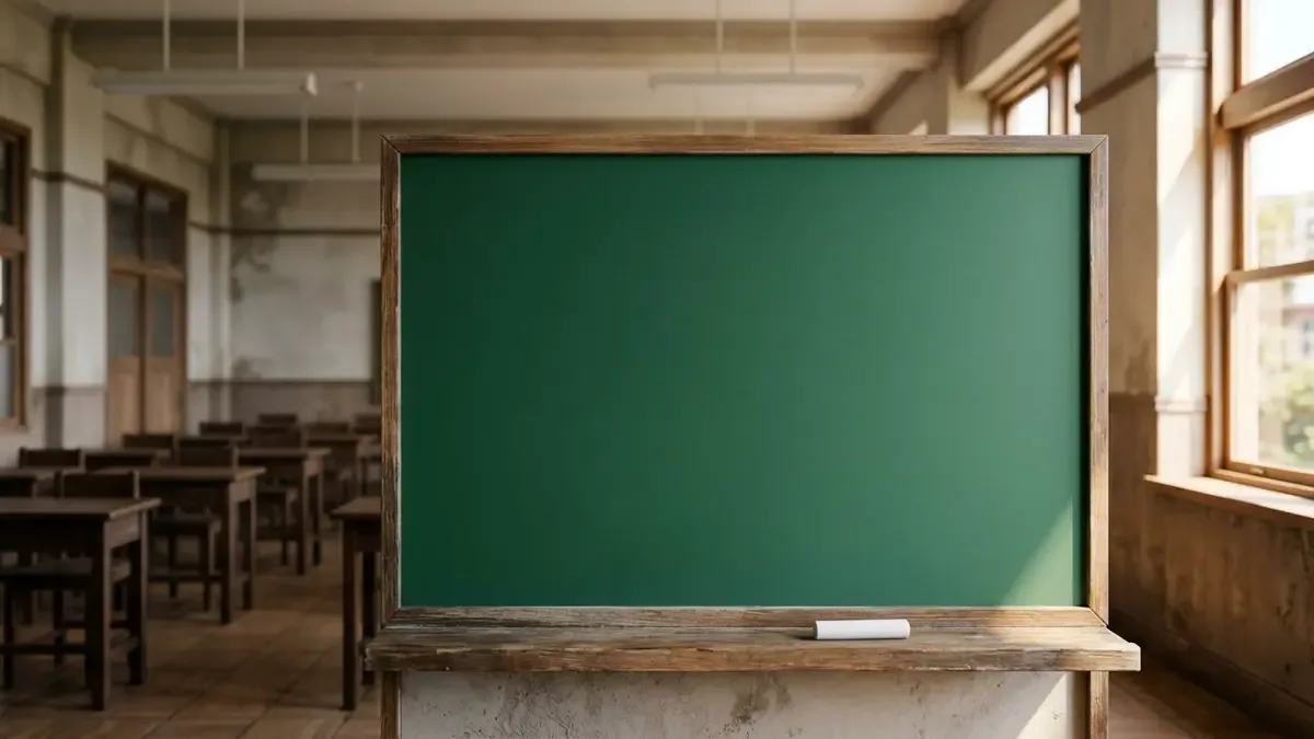 Pizarra verde en blanco en un aula vacía, sin texto escrito