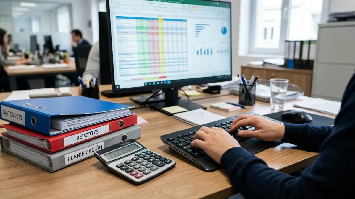 Manos sobre un teclado junto a carpetas y calculadora en administración