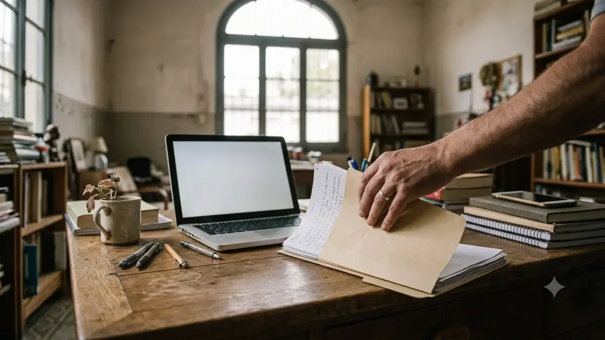 Manos adultas organizando apuntes y una notebook en un escritorio de estudio en casa, plano medio documental, perspectiva